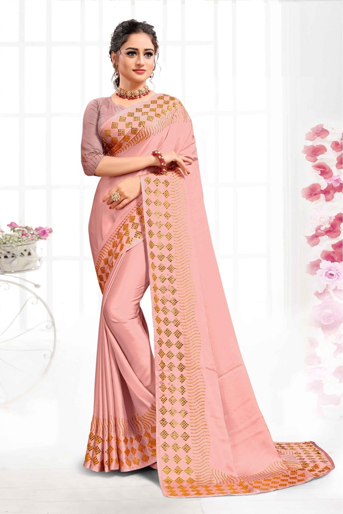 Peach Colour Pure Satin Swarovski Work Saree