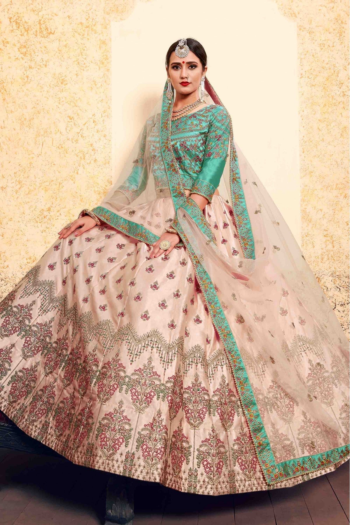 Peach Colour Satin Embroidery Lehenga Choli