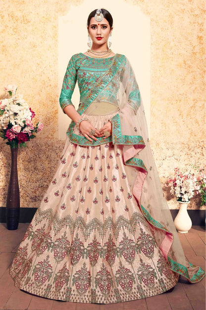 Peach Colour Satin Embroidery Lehenga Choli