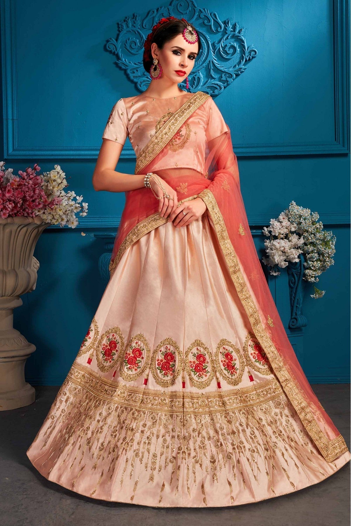 Peach Colour Satin Embroidery Lehenga Choli