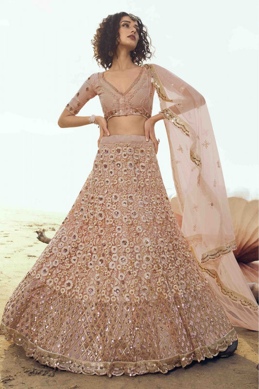 Peach Colour Soft Net Embroidery Lehenga Choli