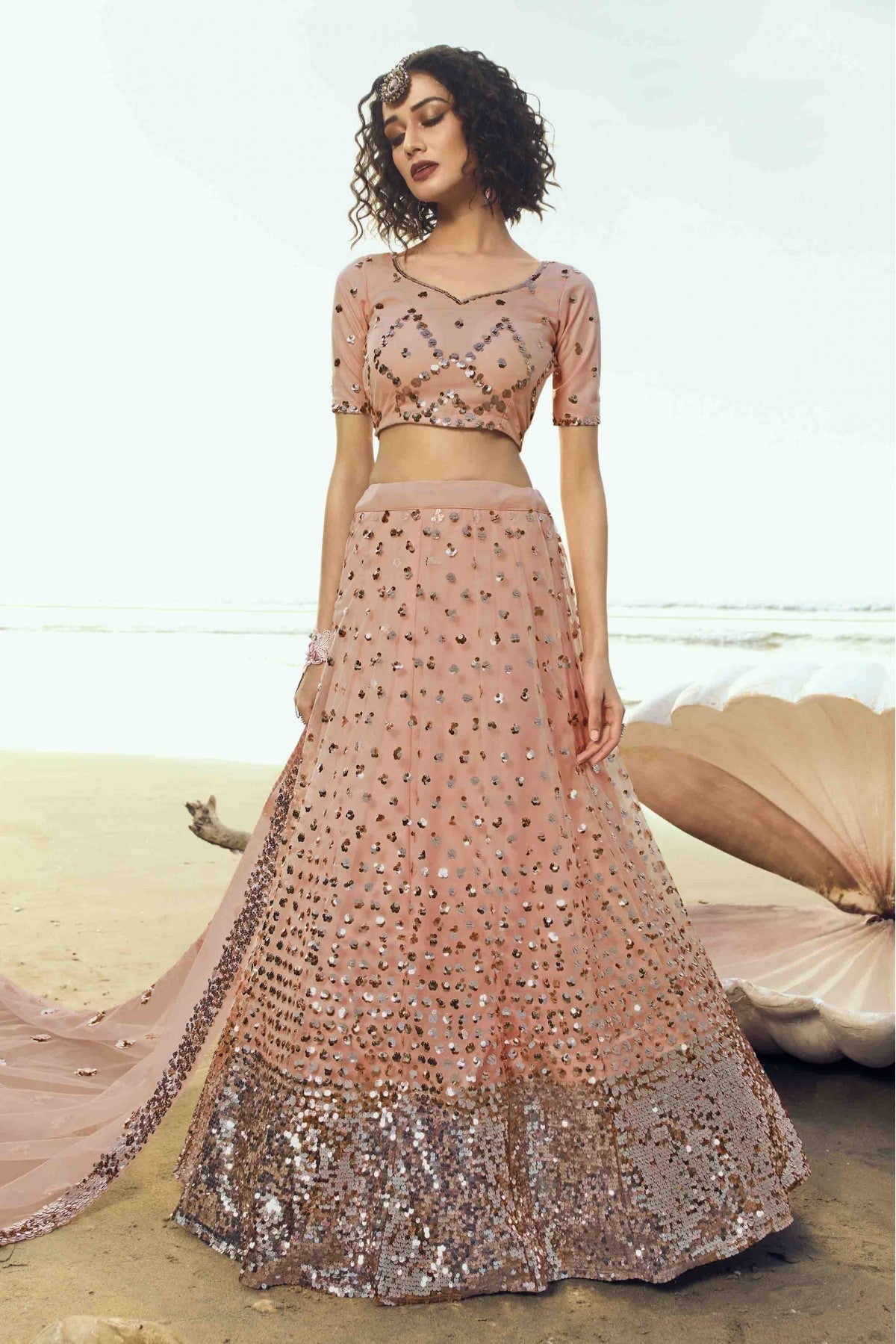 Peach Colour Soft Net Embroidery Lehenga Choli