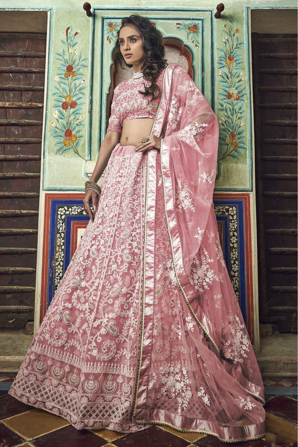 Peach Colour Soft Net Thread Work Lehenga Choli