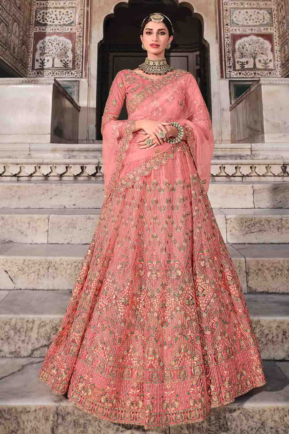 Peach Colour Soft Net Zari Work Lehenga Choli