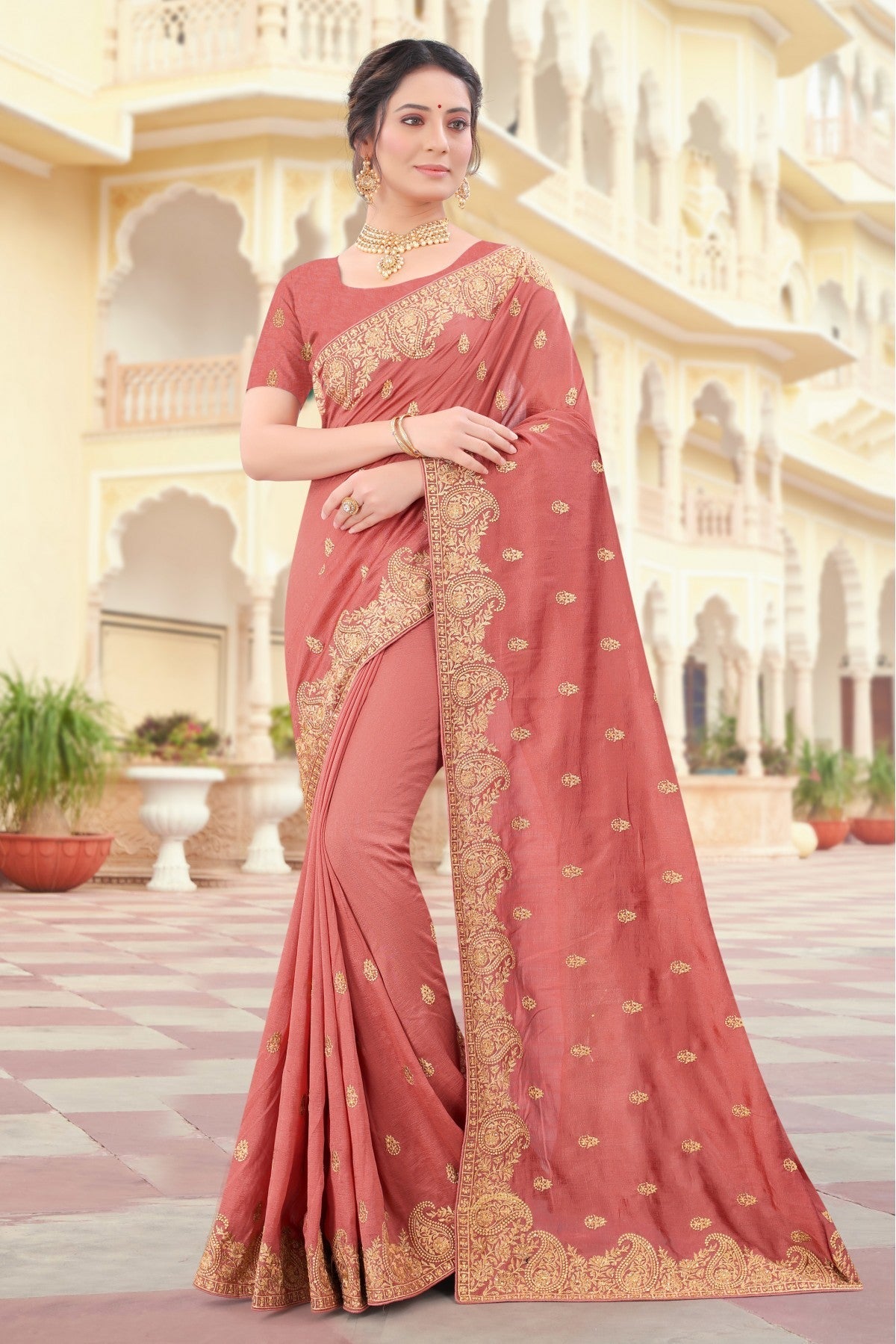 Peach Colour Vichitra Silk Resham Work Saree