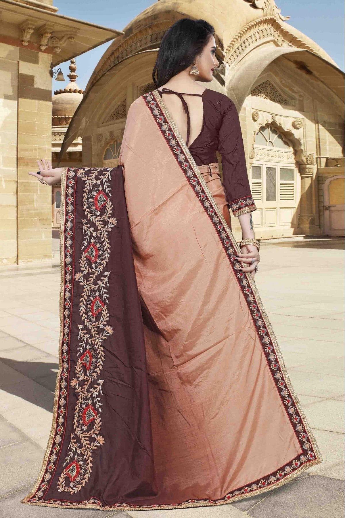 Peach and Brown Colour Dola Silk Designer Saree