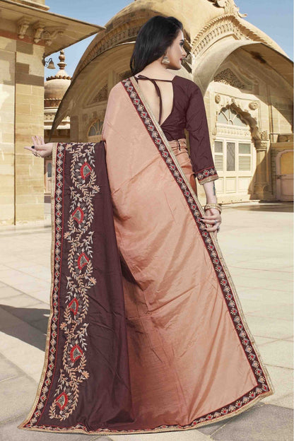 Peach and Brown Colour Dola Silk Designer Saree