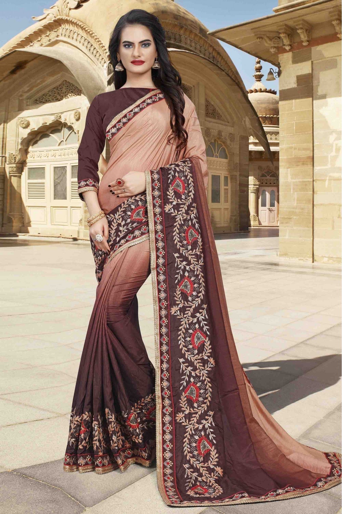 Peach and Brown Colour Dola Silk Designer Saree