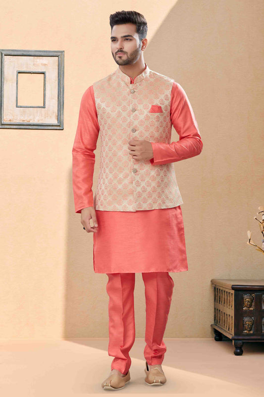 Peach and Cream Colour Kurta Pajama With Jacket In Silk Dupion Fabric