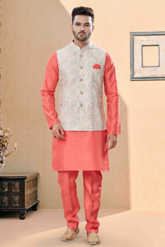 Peach and Cream Colour Kurta Pajama With Jacket In Silk Dupion Fabric