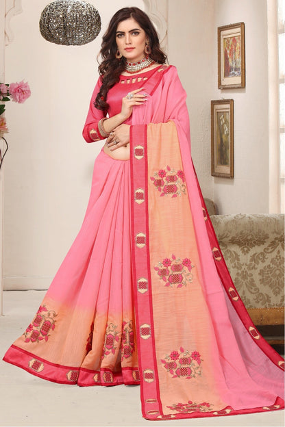 Peach and Pink Colour Cotton Silk Designer Saree