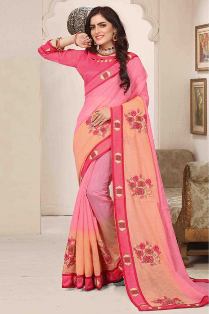 Peach and Pink Colour Cotton Silk Designer Saree