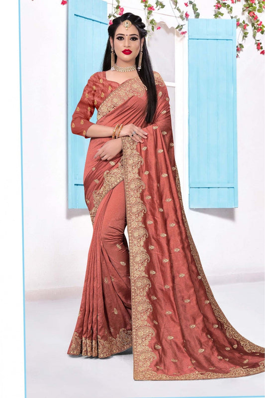 Peach and Pink Colour Vichitra Silk Embroidery Saree