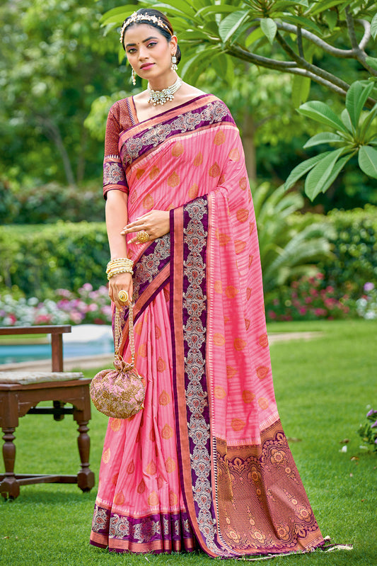 Pink Colour Banarasi Silk Traditional Saree In Woven Work