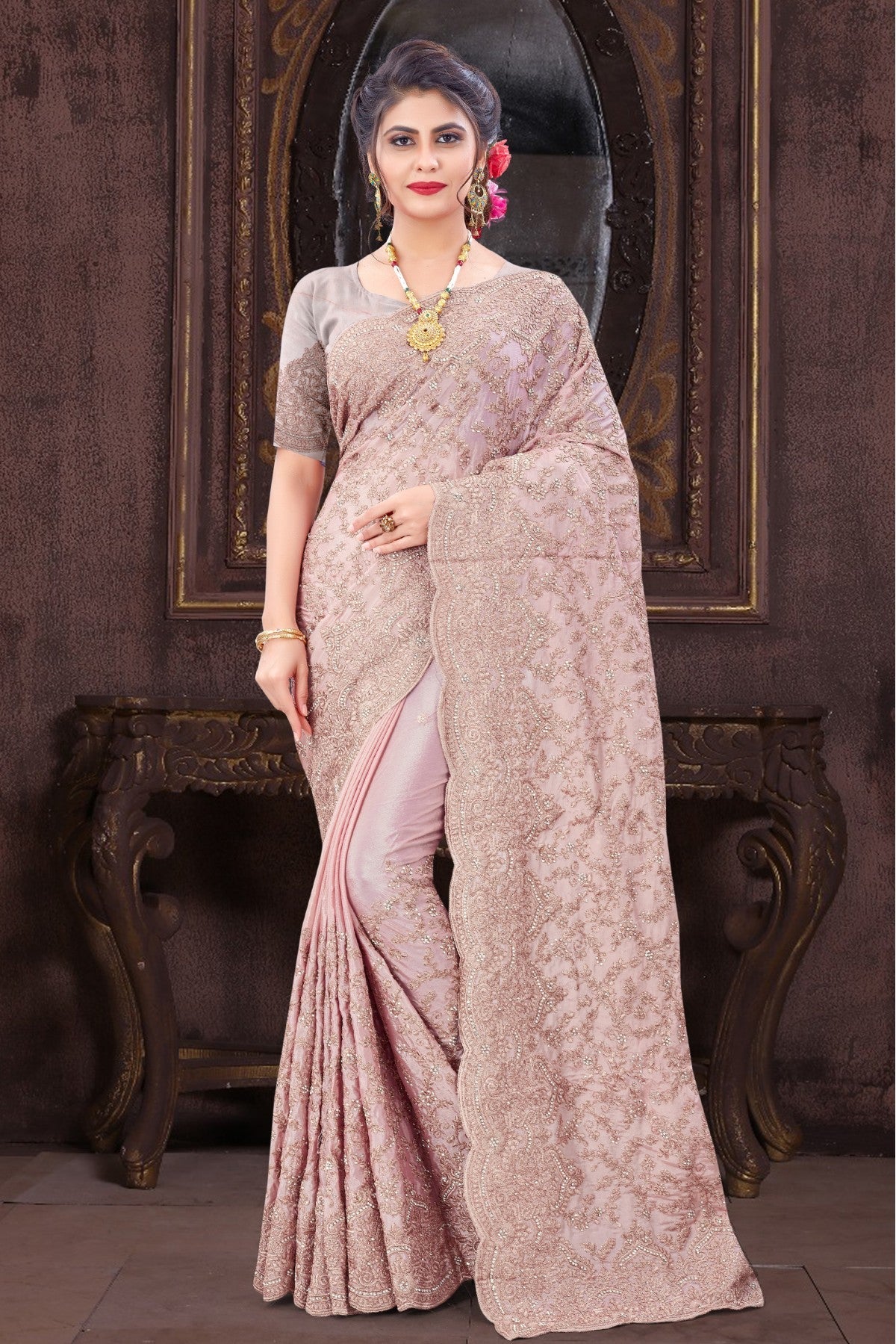 Pink Colour Chiffon Embroidery Saree