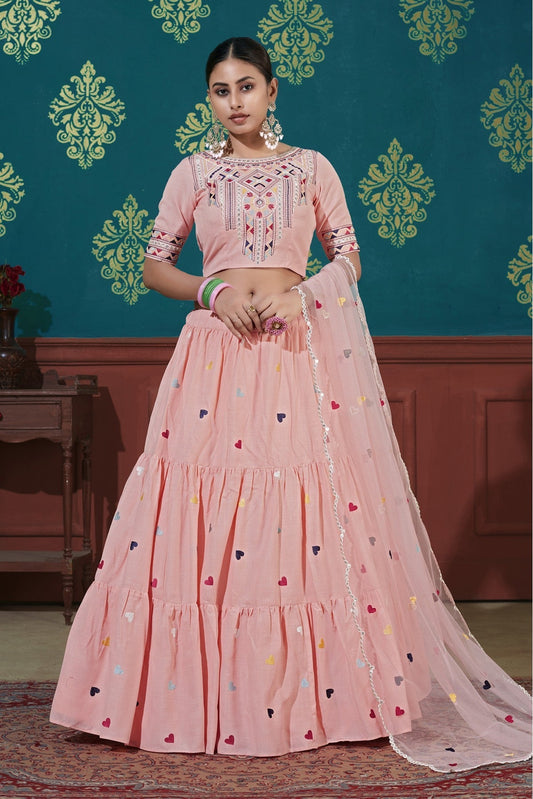 Pink Colour Cotton Embroidery Lehenga Choli