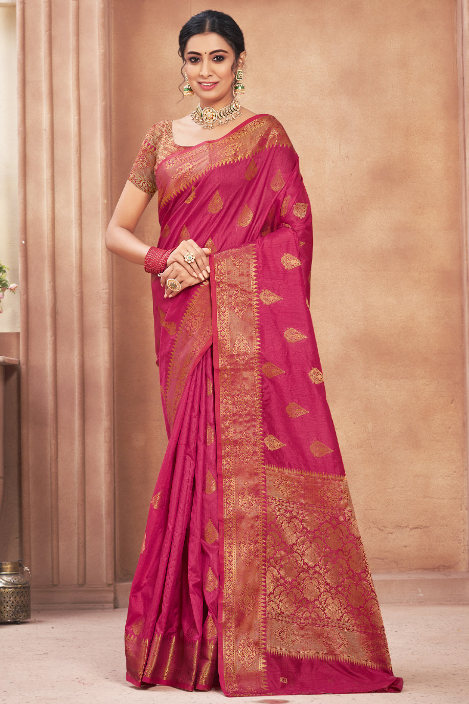 Pink Colour Cotton Silk Traditional Saree In Woven Work