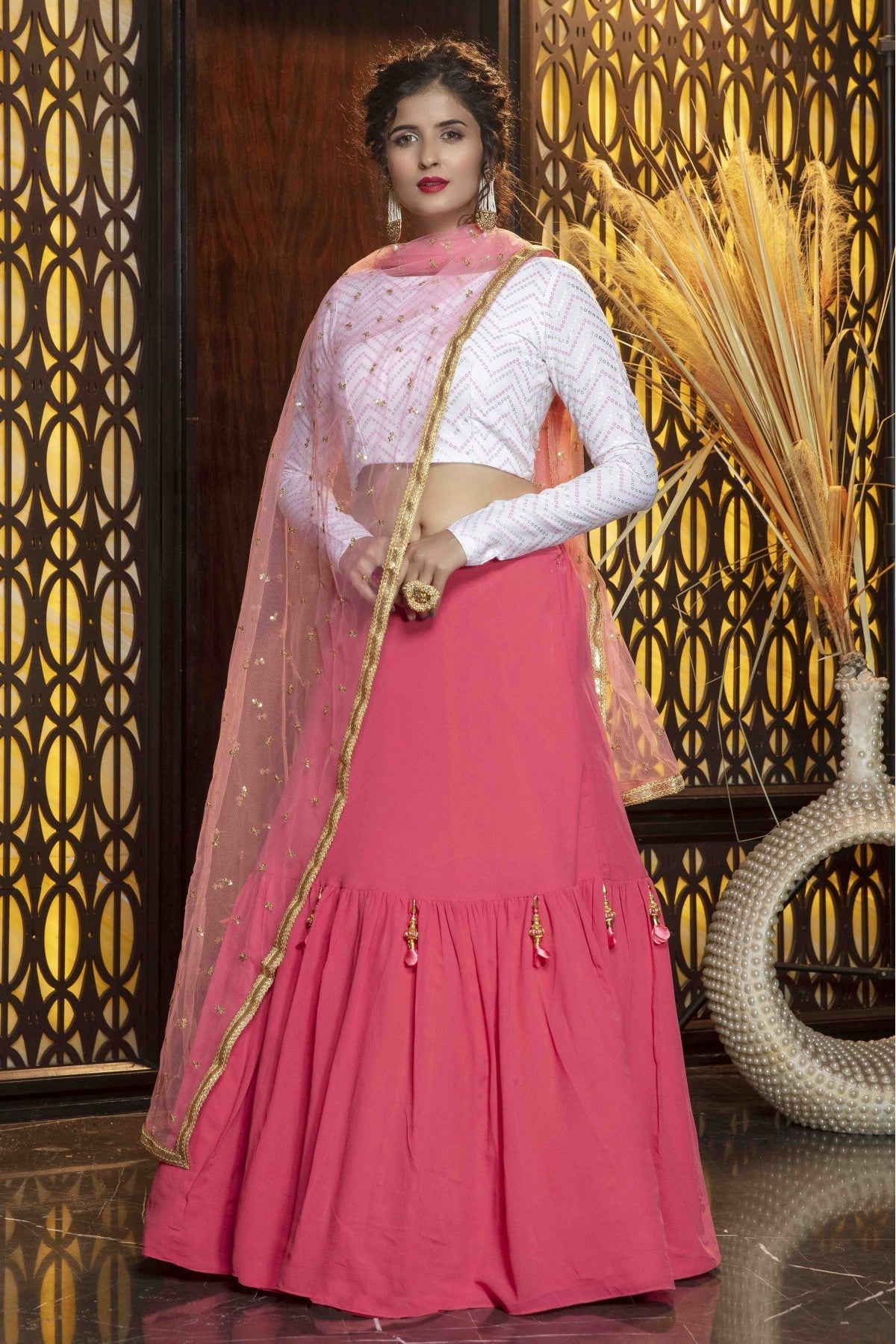 Pink Colour Diamond Georgette Plain Lehenga Choli