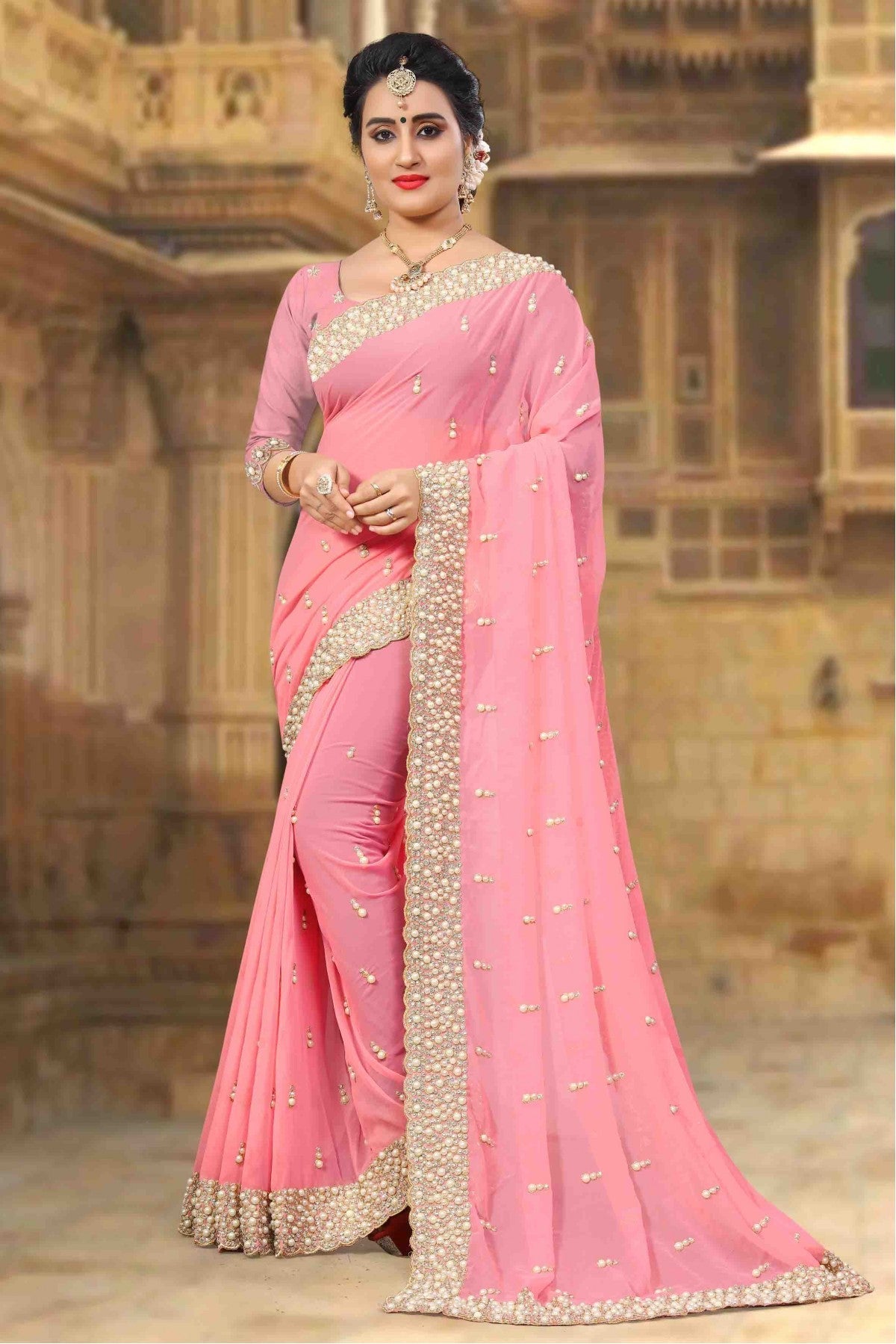 Pink Colour Georgette Designer Saree