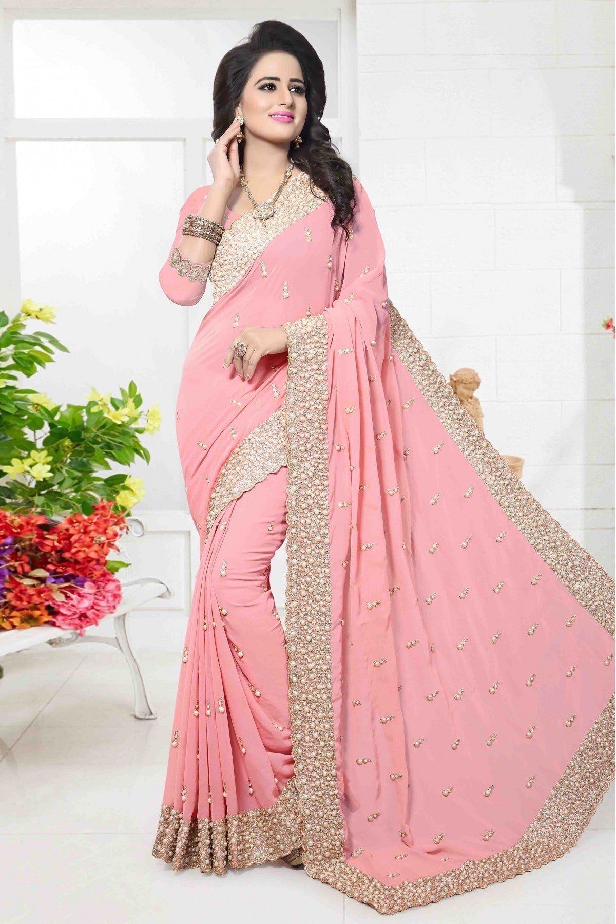 Pink Colour Georgette Designer Saree