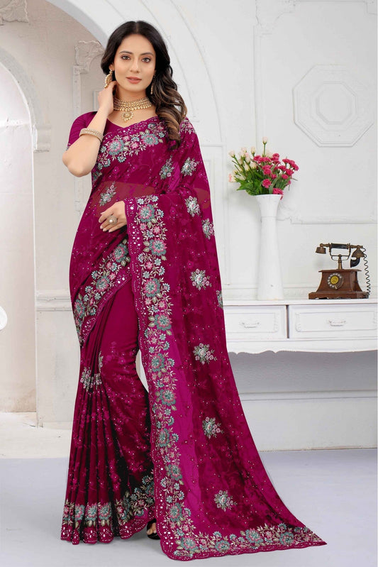 Pink Colour Georgette Embroidery Saree