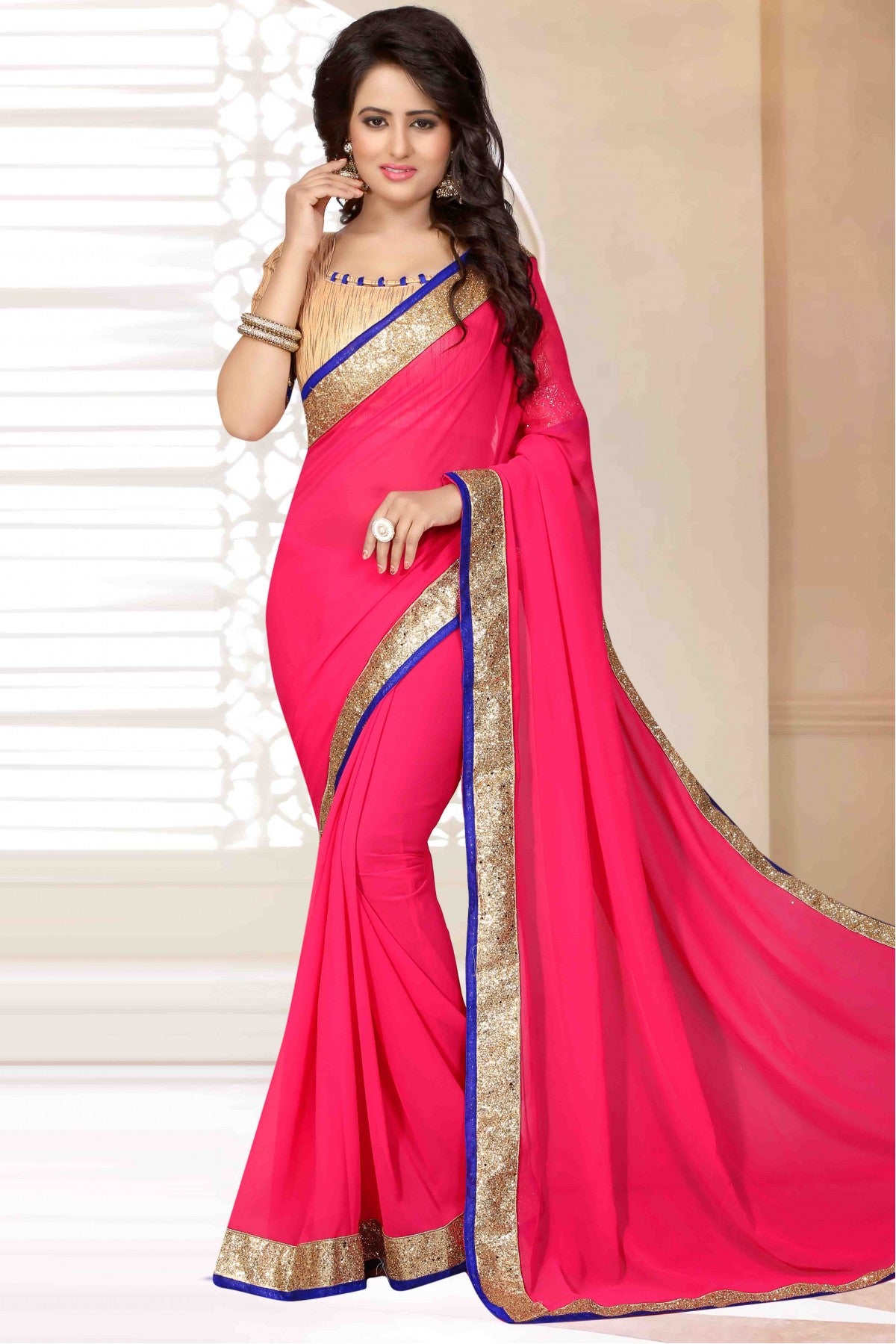 Pink Colour Georgette Lace Work Saree