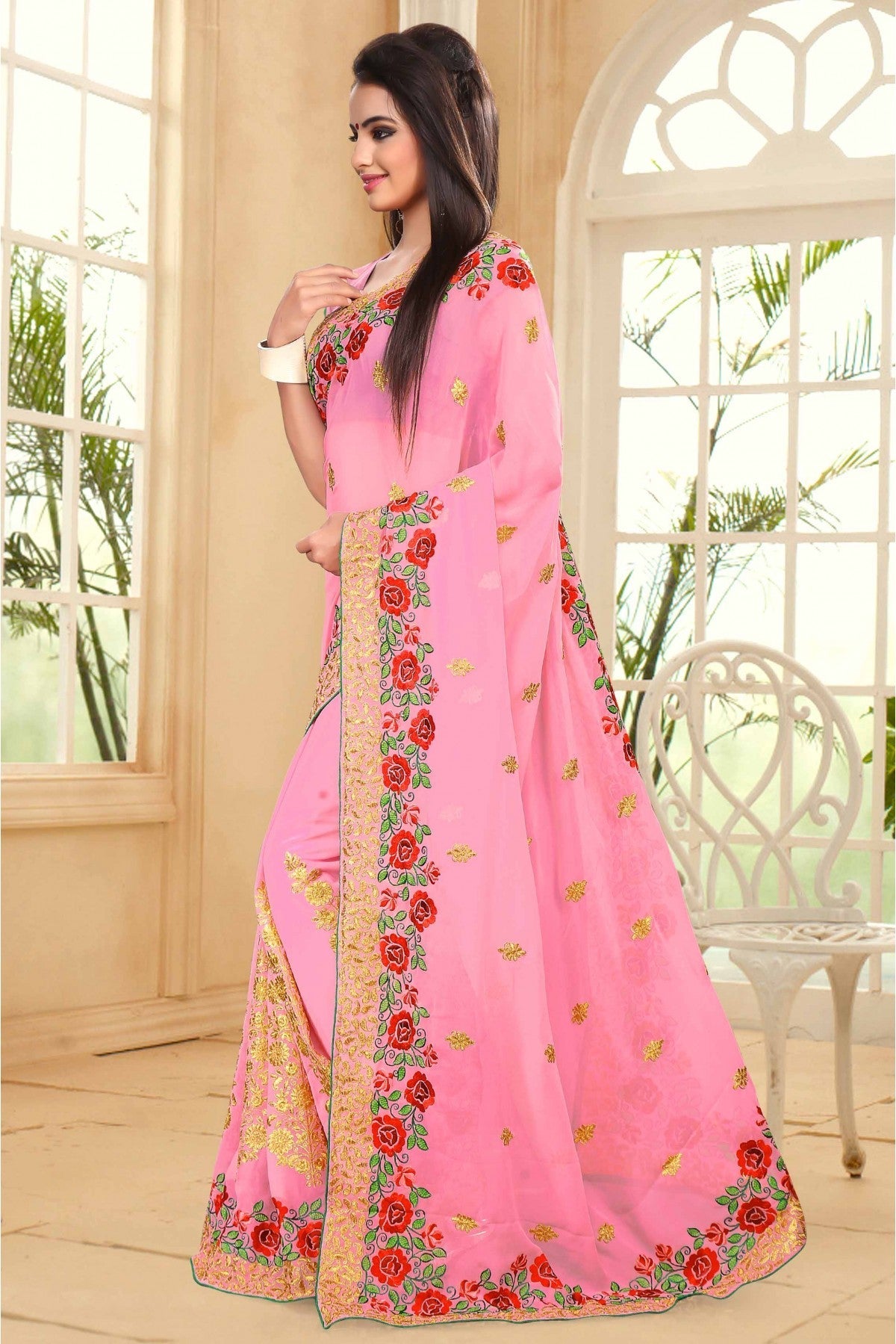 Pink Colour Georgette Party Wear Saree