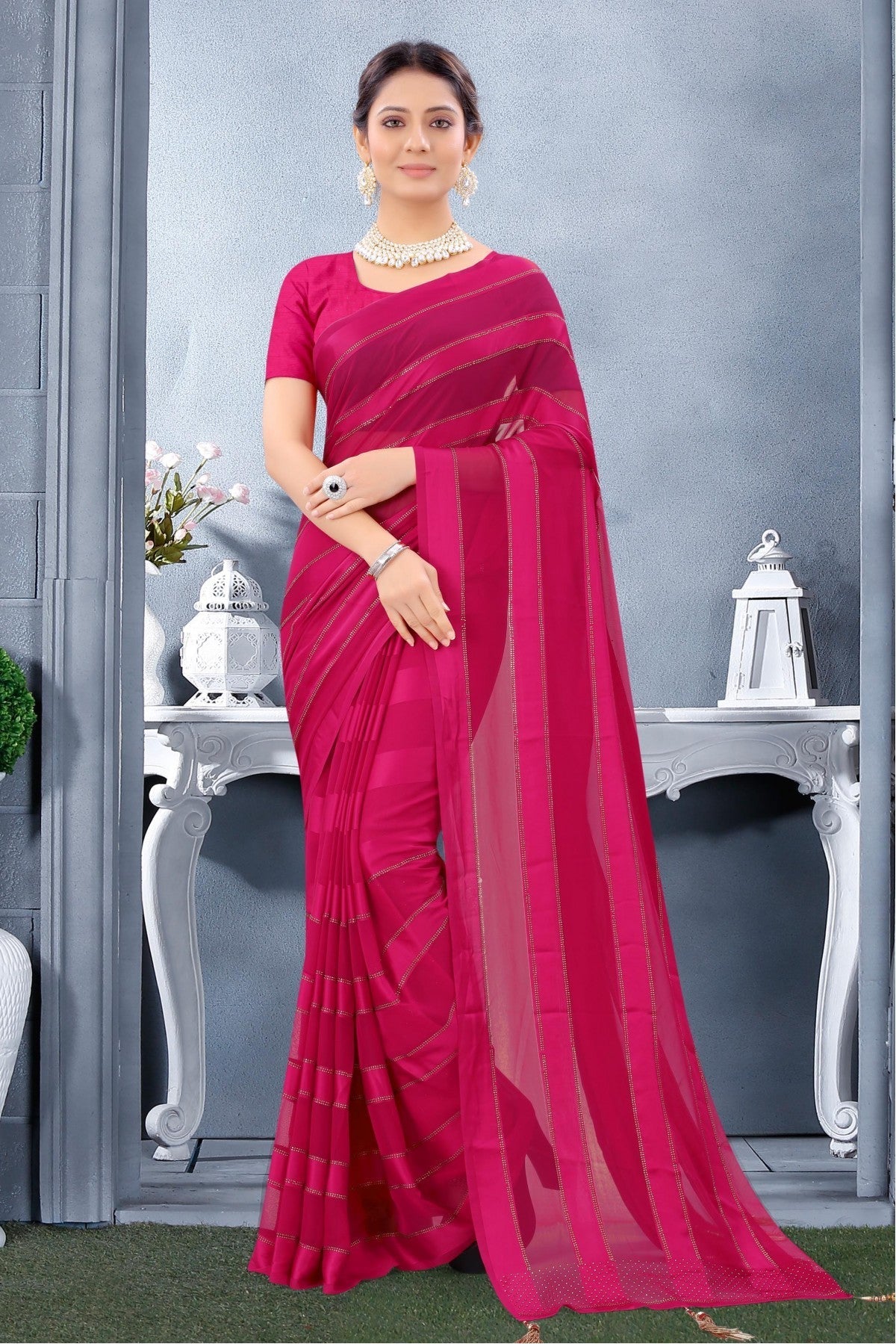 Pink Colour Georgette Swarovski Work Saree