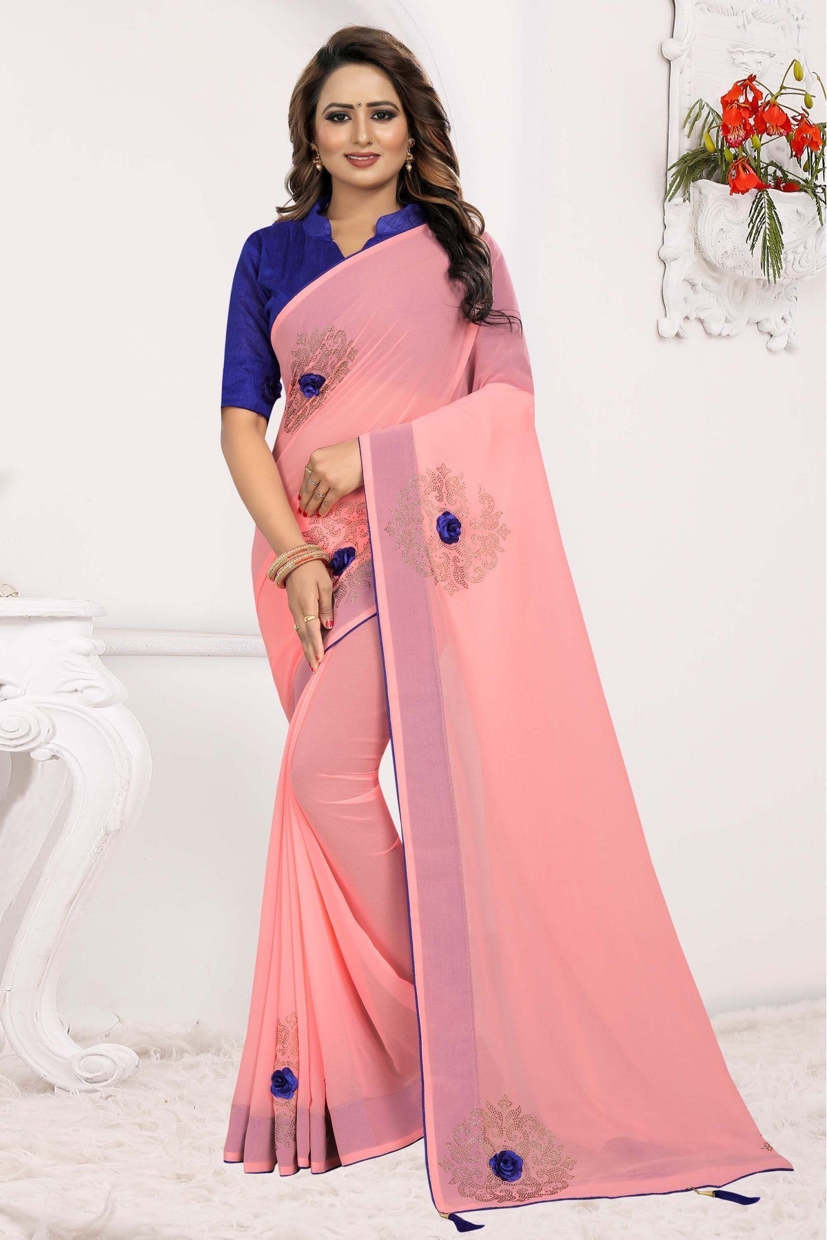 Pink Colour Georgette Traditional Saree