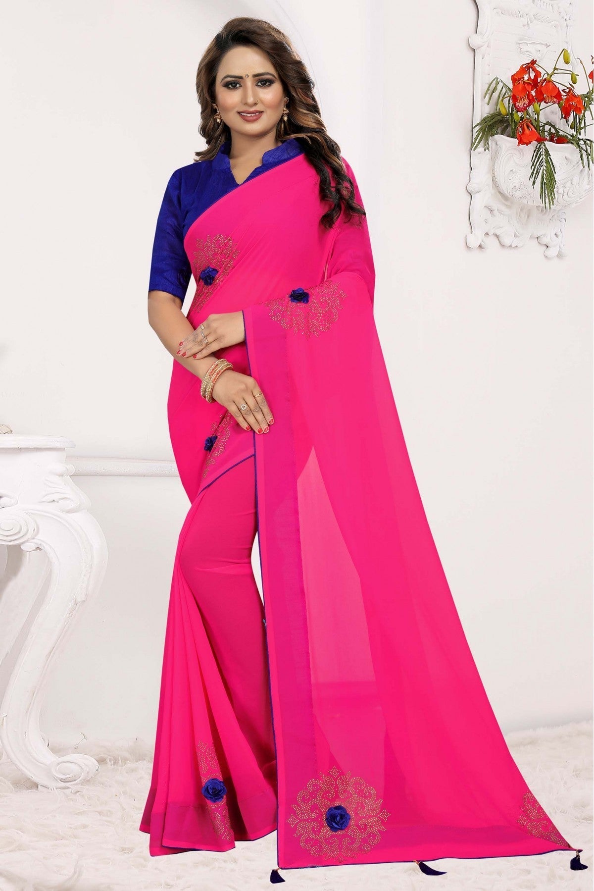 Pink Colour Georgette Traditional Saree