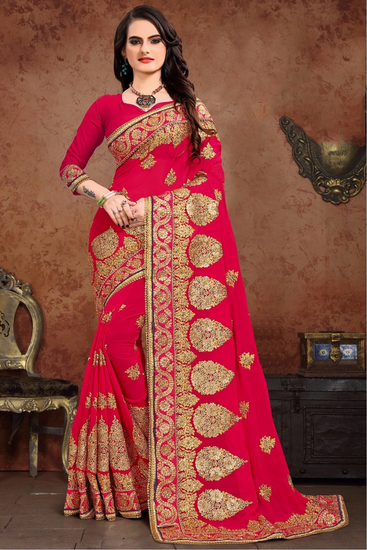 Pink Colour Gerogette Designer Saree