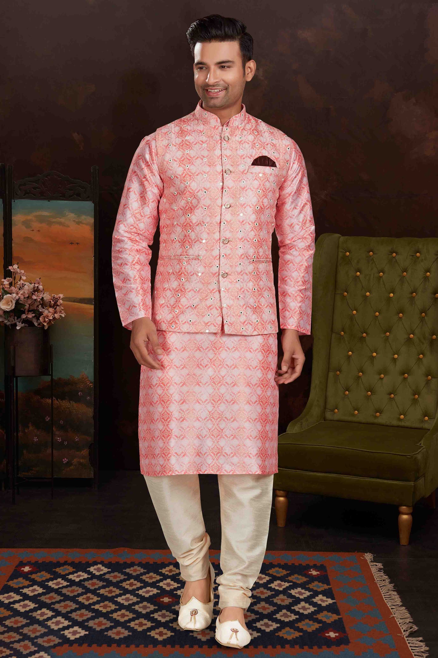 Pink Colour Kurta Pajama With Jacket In Malai Silk