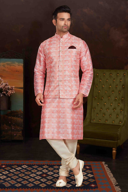 Pink Colour Kurta Pajama With Jacket In Malai Silk