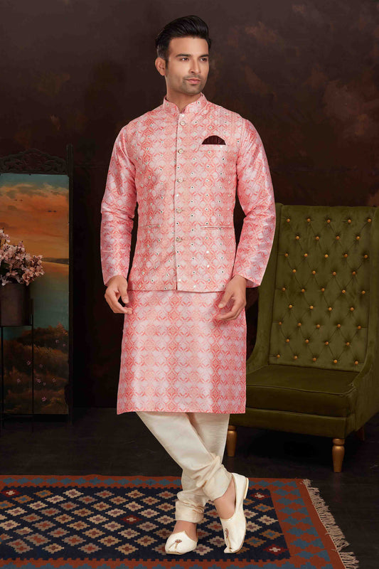 Pink Colour Kurta Pajama With Jacket In Malai Silk