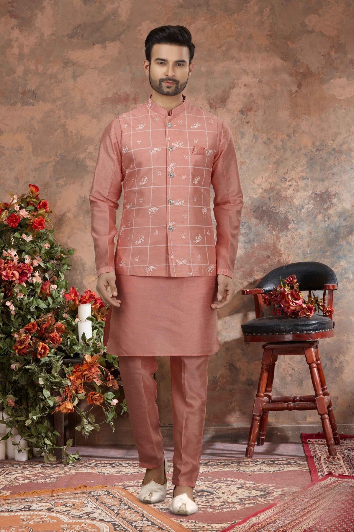 Pink Colour Kurta Pajama With Jacket In Silk Dupion Fabric