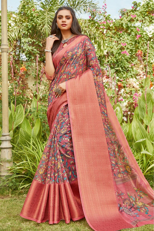 Pink Colour Linen Printed Saree