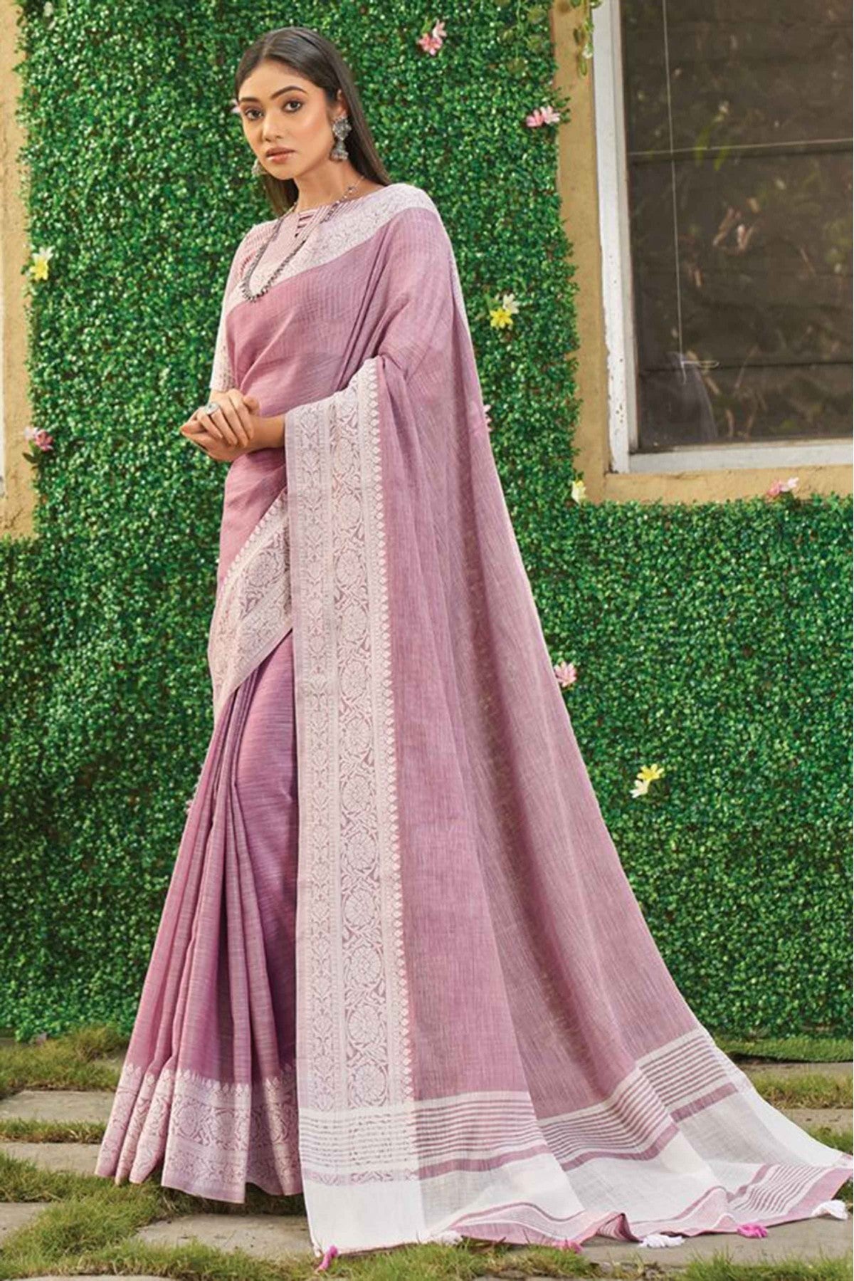 Pink Colour Linen Woven Saree