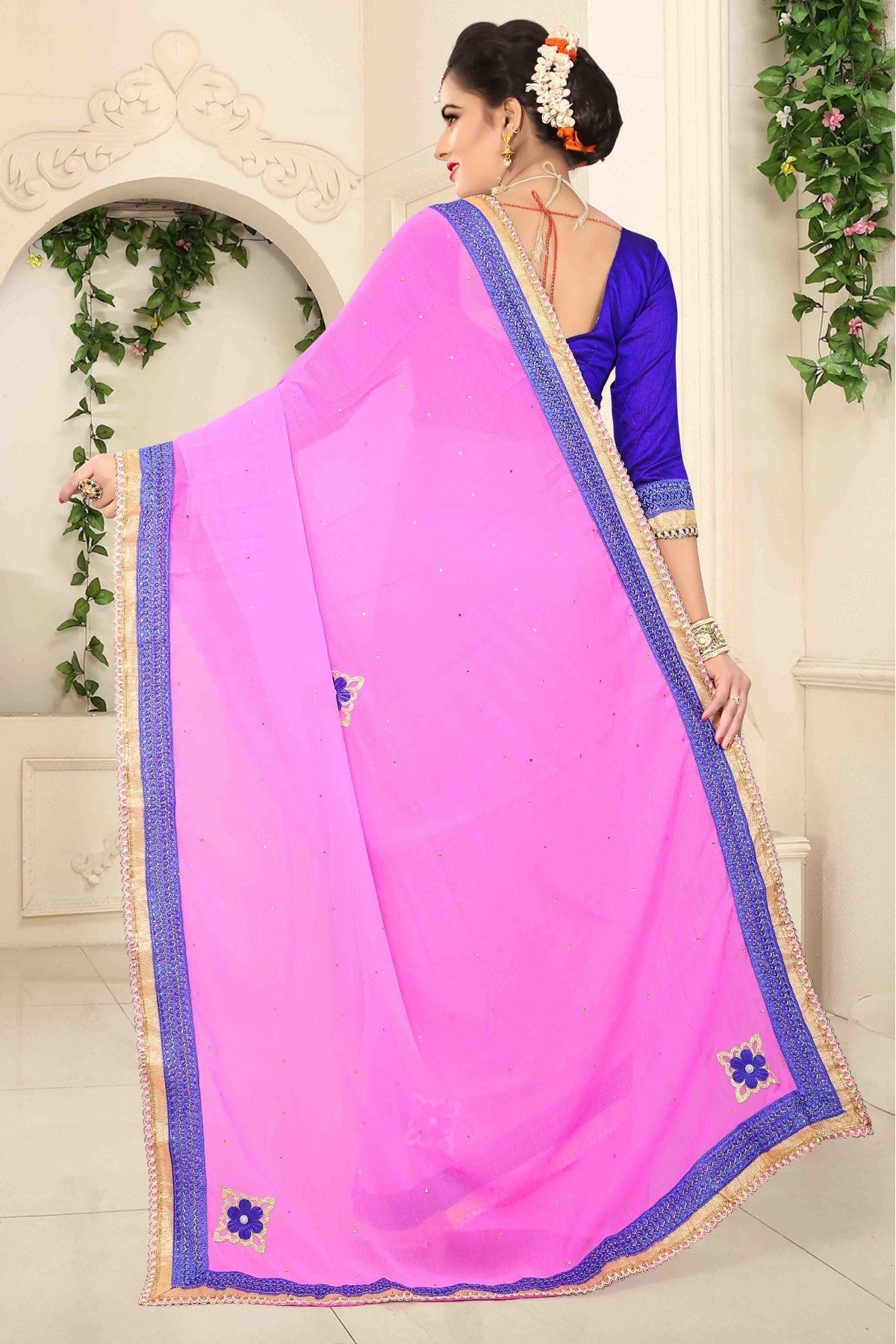 Pink Colour Marbal Chiffon Designer Saree