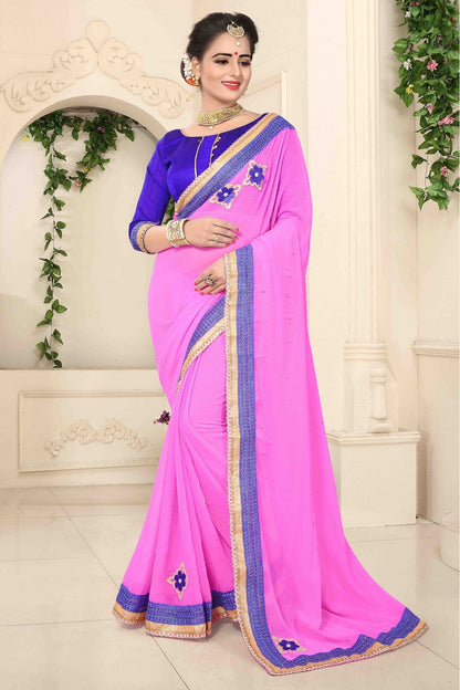 Pink Colour Marbal Chiffon Designer Saree