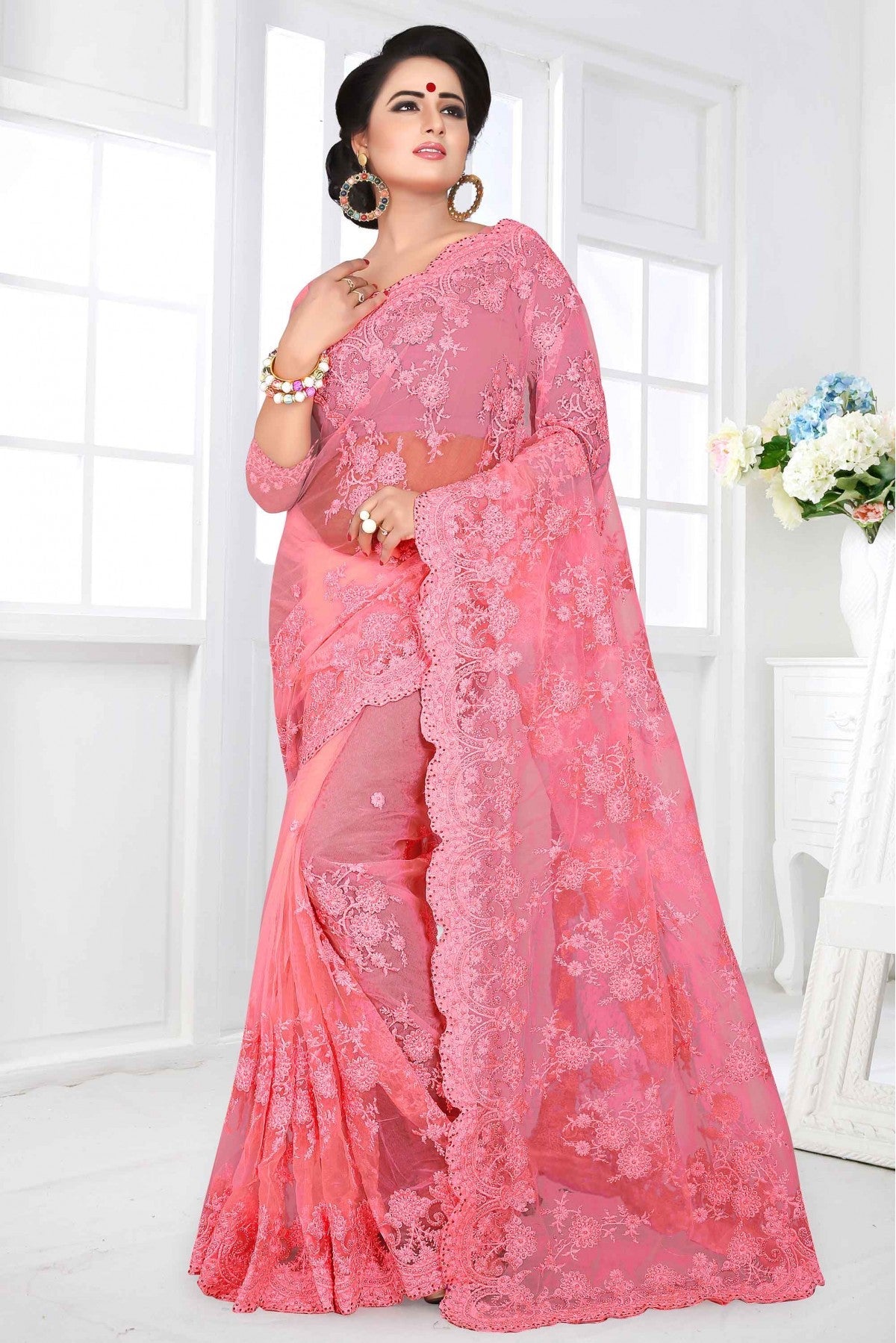 Pink Colour Net Designer Saree