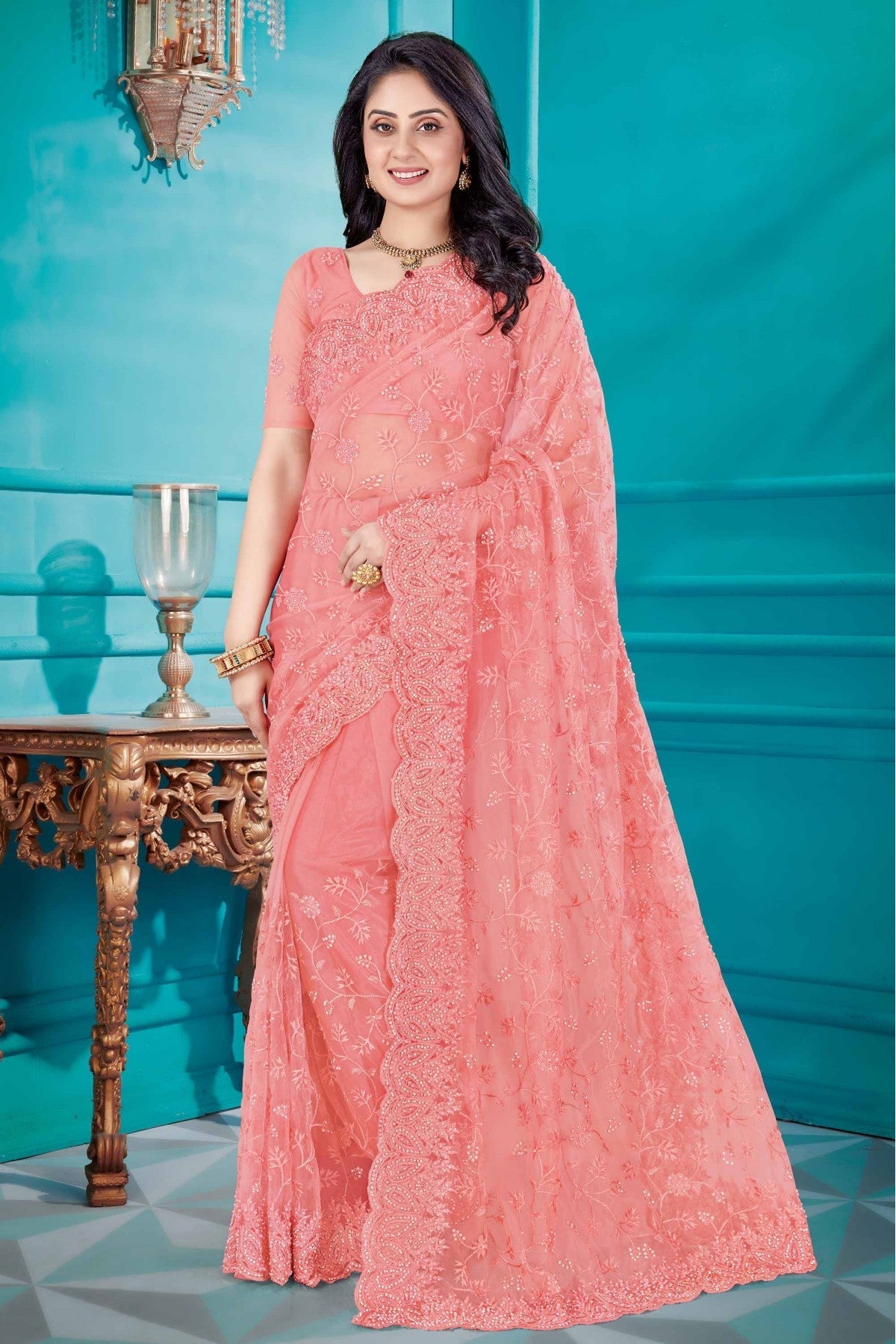 Pink Colour Net Designer Saree