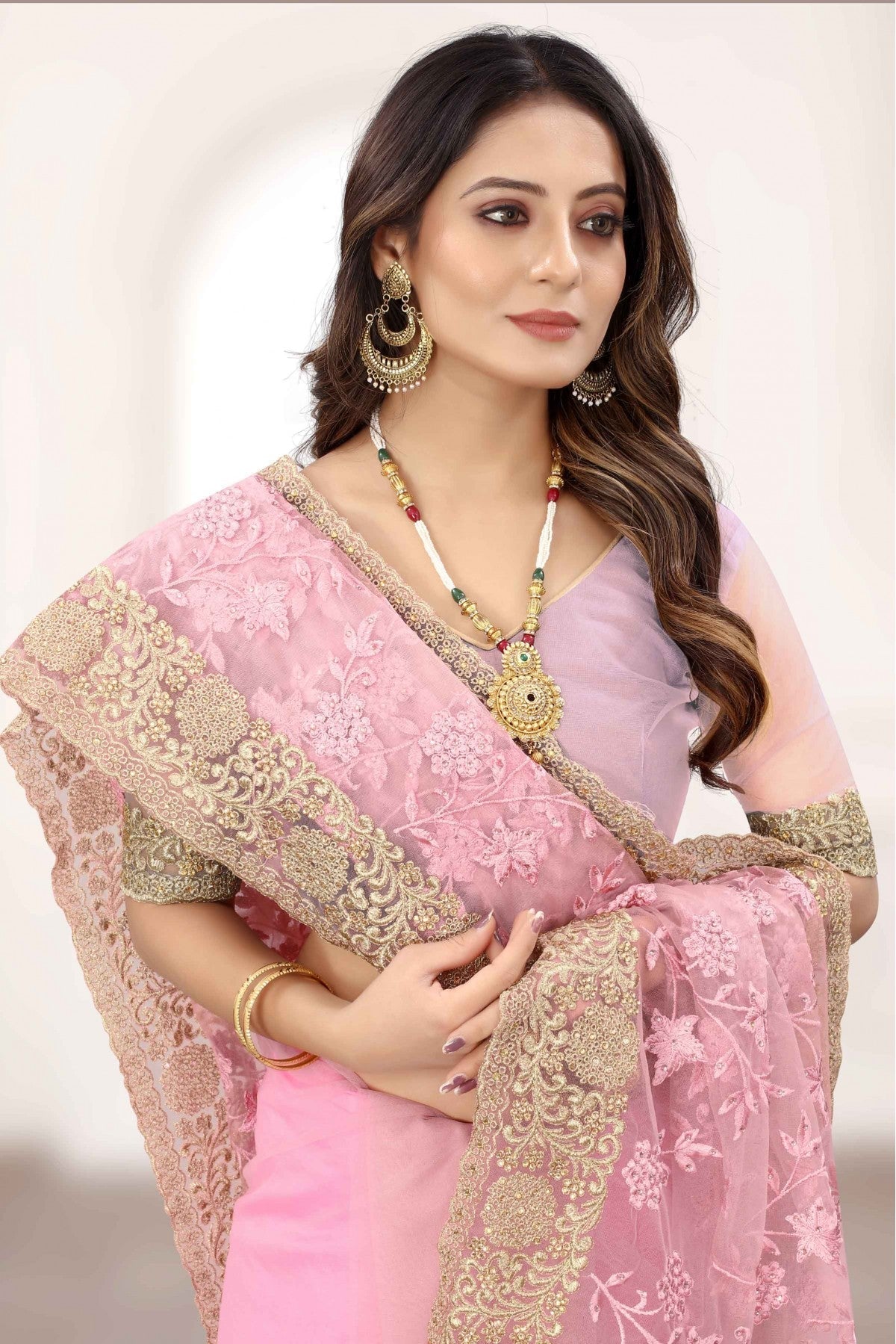 Pink Colour Net Designer Saree