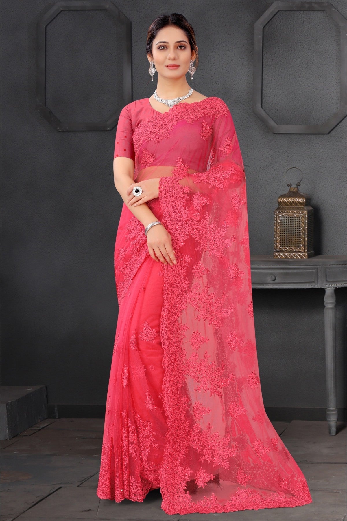 Pink Colour Net Embroidery Saree