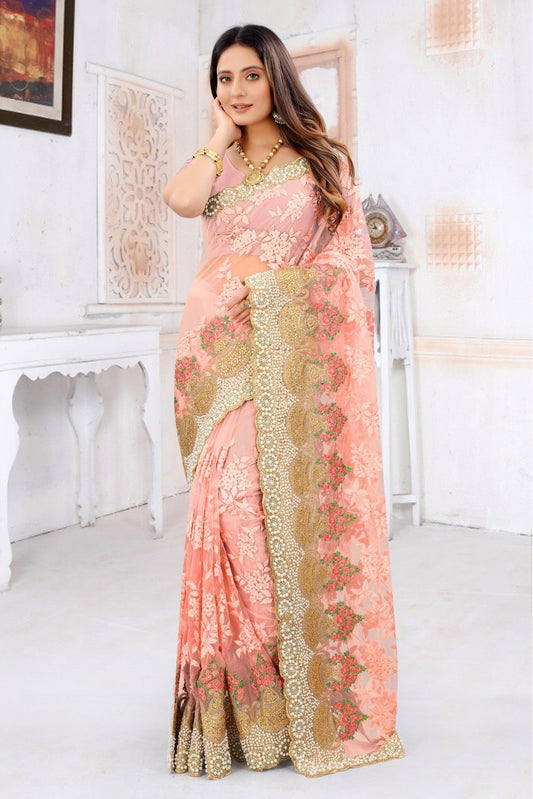 Pink Colour Net Embroidery Saree