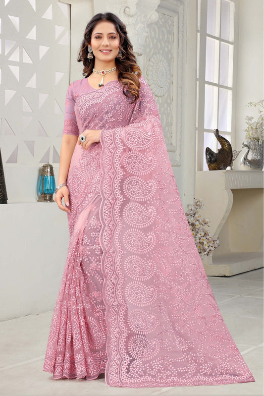 Pink Colour Net Embroidery Saree