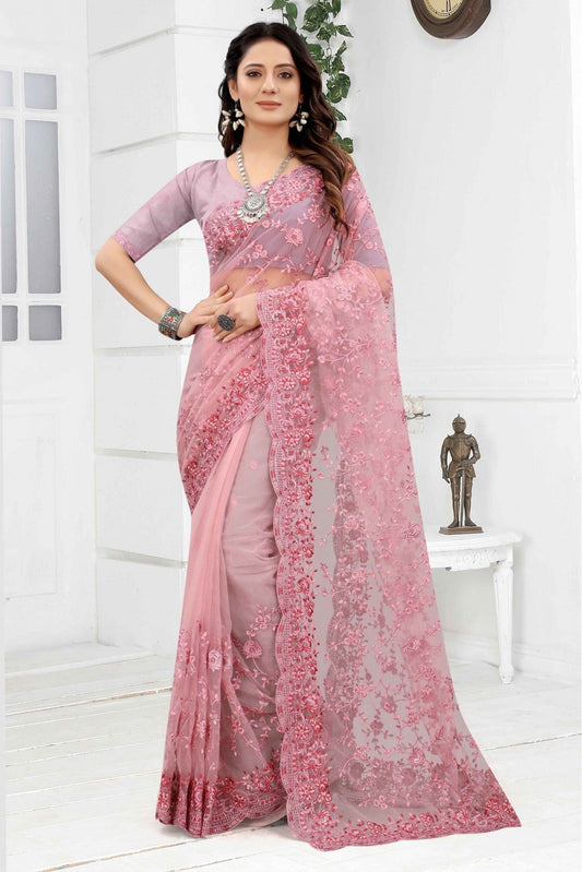 Pink Colour Net Embroidery Saree