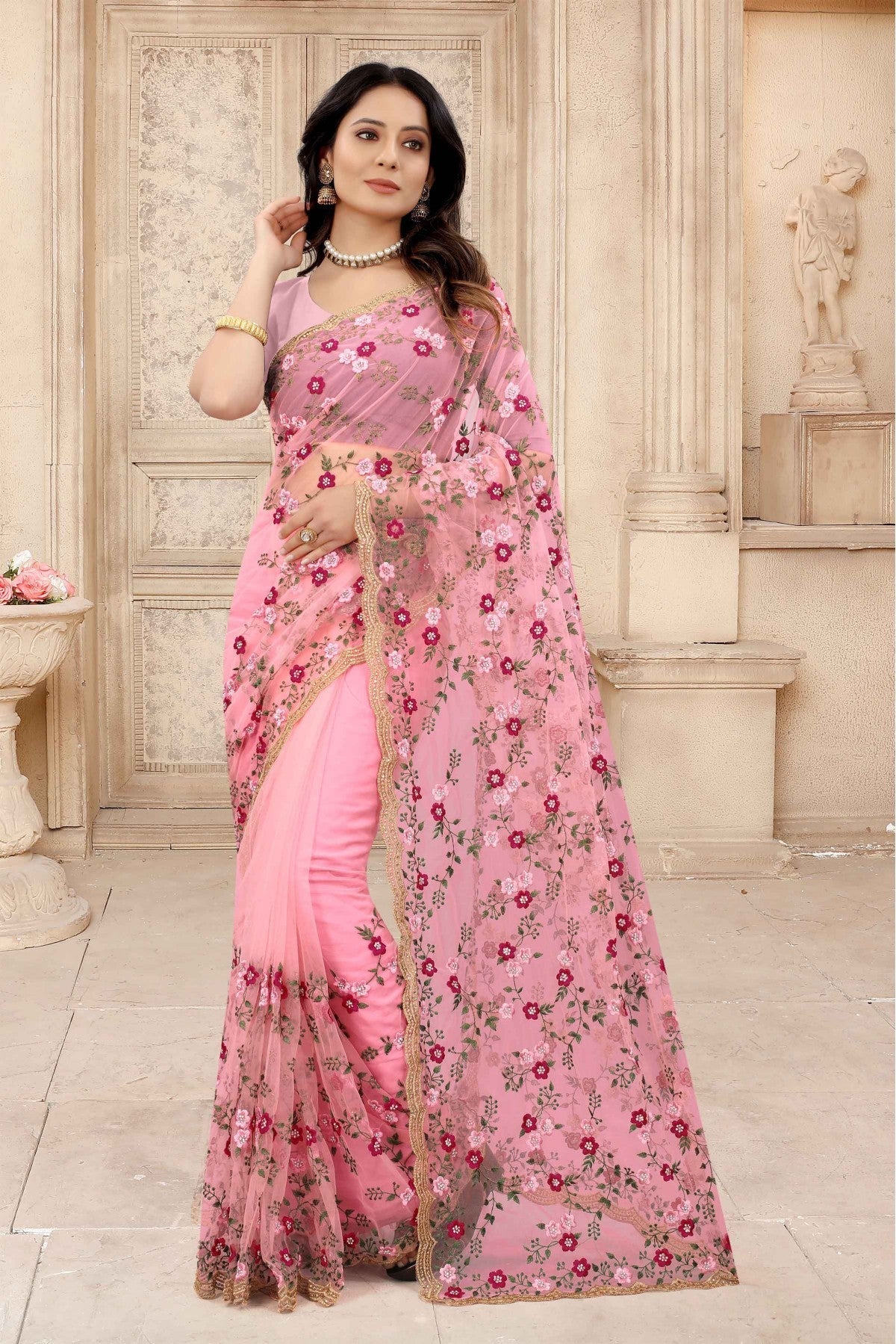 Pink Colour Net Embroidery Saree