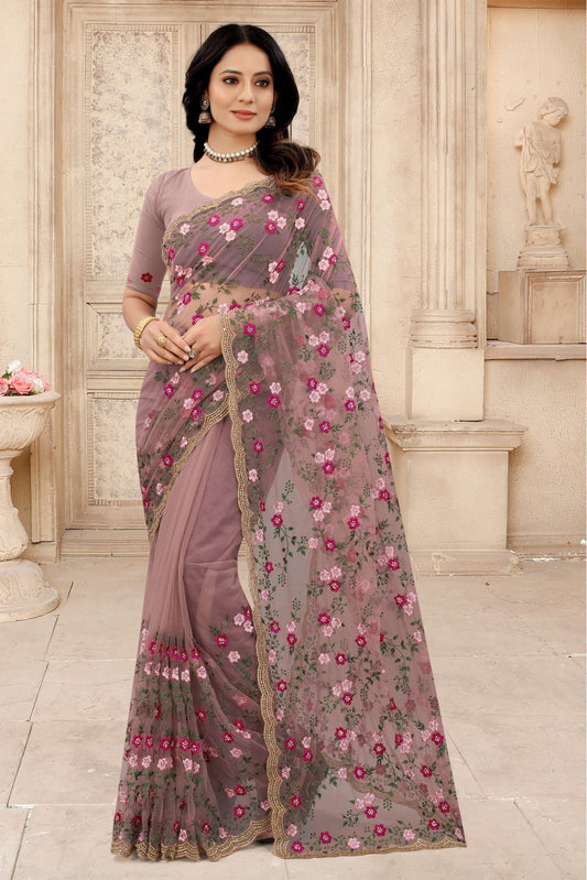 Pink Colour Net Embroidery Saree