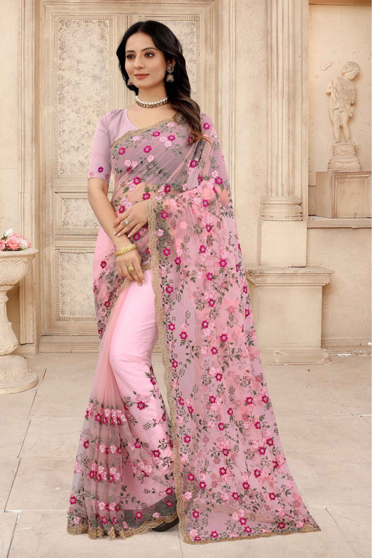 Pink Colour Net Embroidery Saree