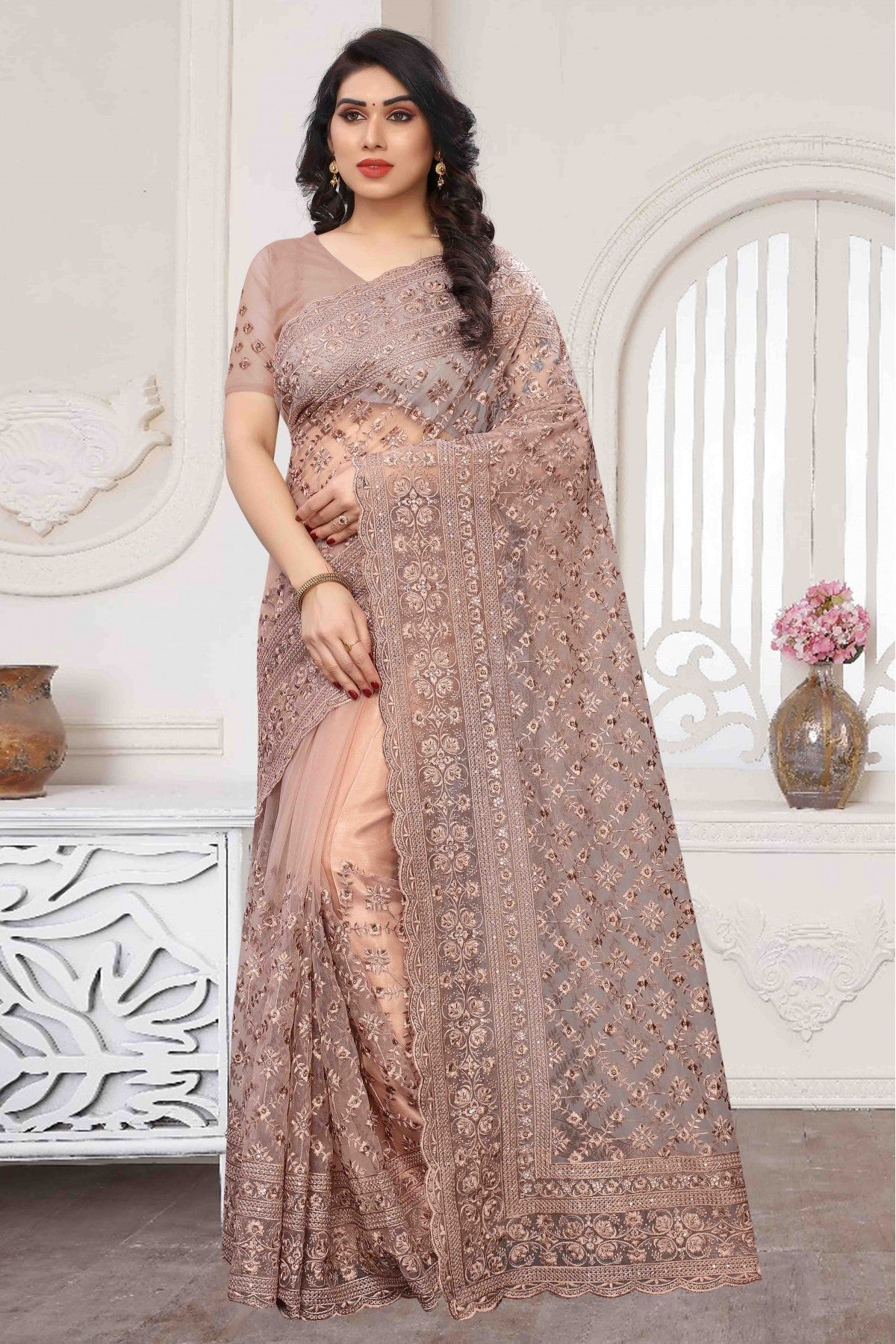 Pink Colour Net Embroidery Saree